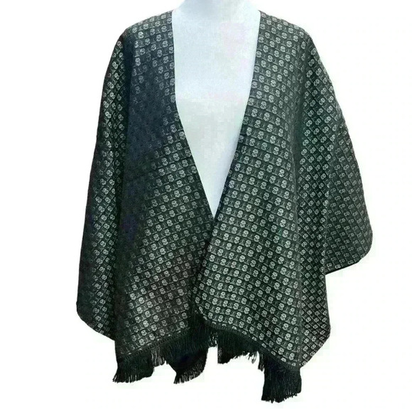None Jackets & Blazers - Unique fringed wrap cape with metallic green & gold indigenous figures OSFM